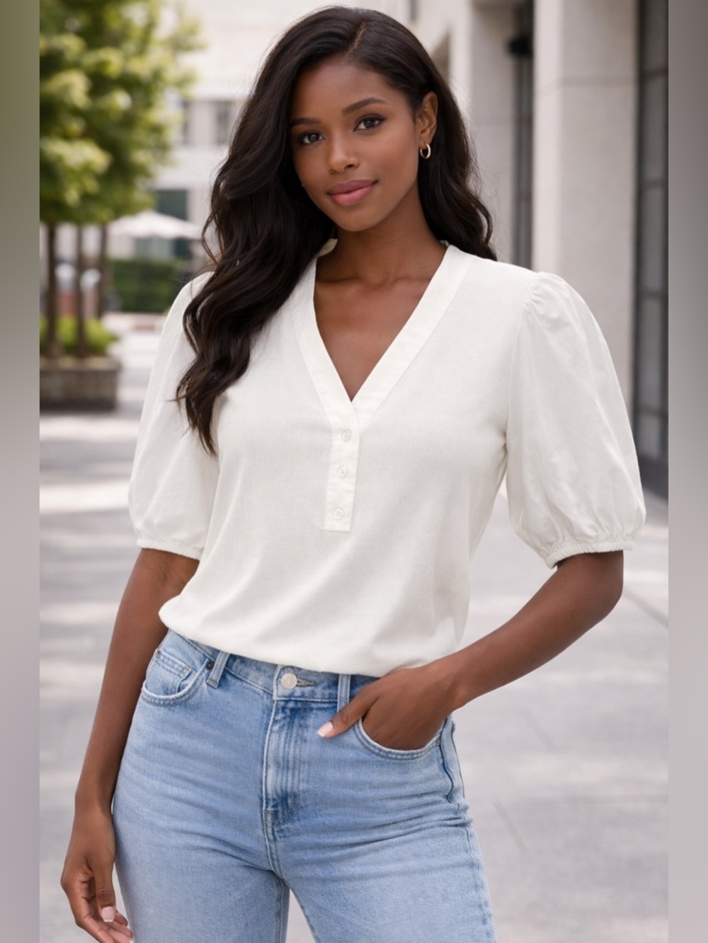 Avec Les Filles White Puff Sleeve Blouse V-Neck Button Front Sz M